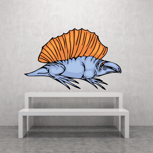 Dimetrodon sticker with orange sail and blue dinosaur face with whiskers