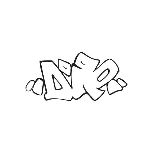 Graffiti-style dinosaur decal with bold black-and-white outline