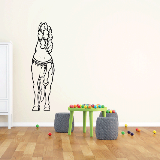 Standing horse decal with front-facing black line art silhouette