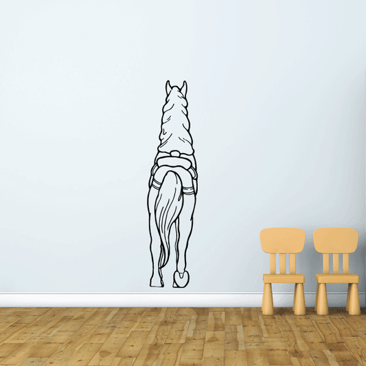 Horse decal of a walking horse with saddle and rope, black line art