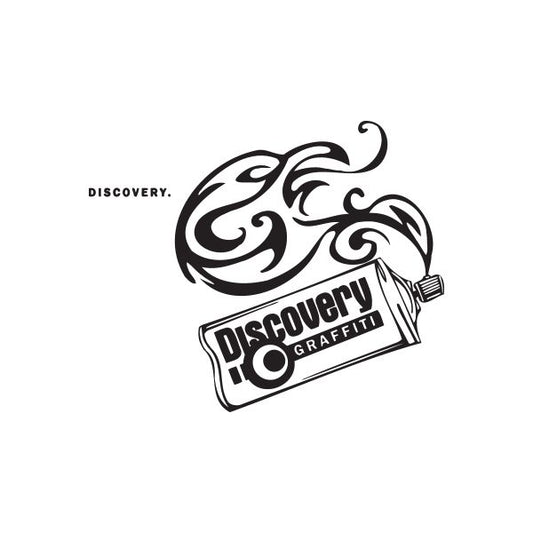 Discover spray paint can decal with bold Discovery Graffito logo, black and white