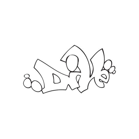 Scuba diver graffiti decal with surfboard, bubbles, and heart accents in black outline