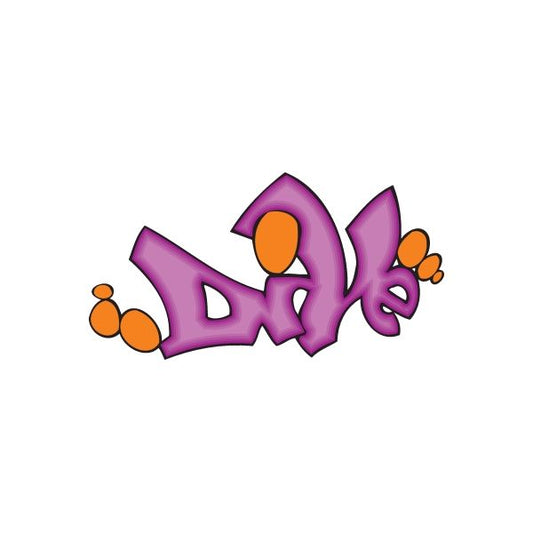 Graffiti sticker with purple character and orange accents, bubble details