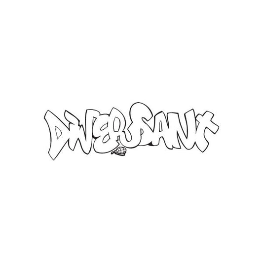 Graffiti-style decal with bold black lettering and white fill