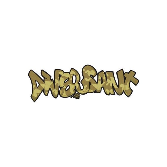 Graffiti sticker with stylized multicolor lettering and tan outline