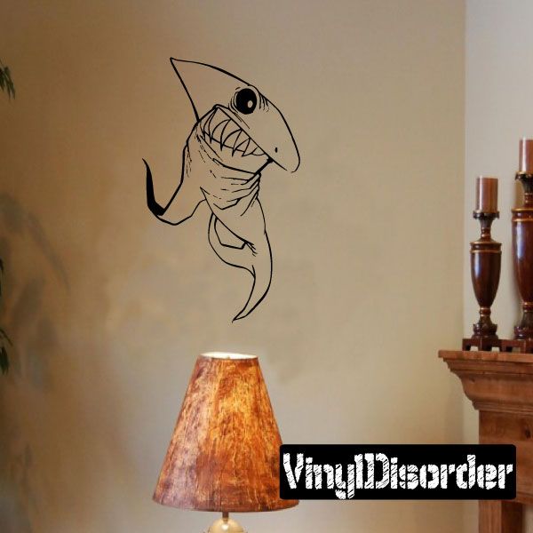 Diving great white shark decal, black-outlined shark with open mouth and fins