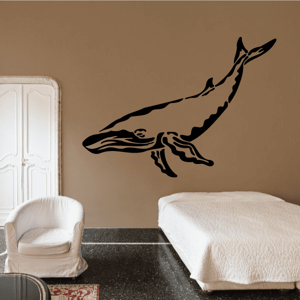 Diving humpback whale decal, black silhouette swimming through water