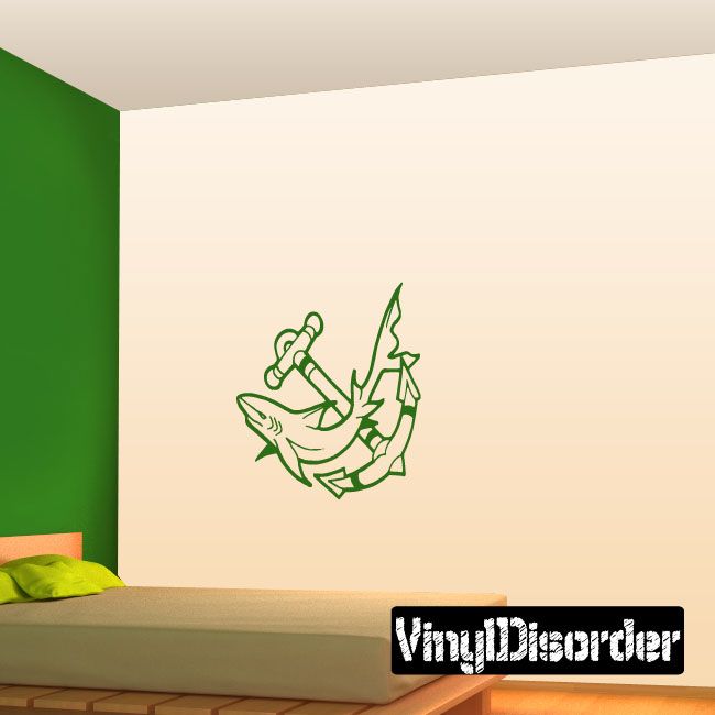 Shark and anchor wall decal, green outline design