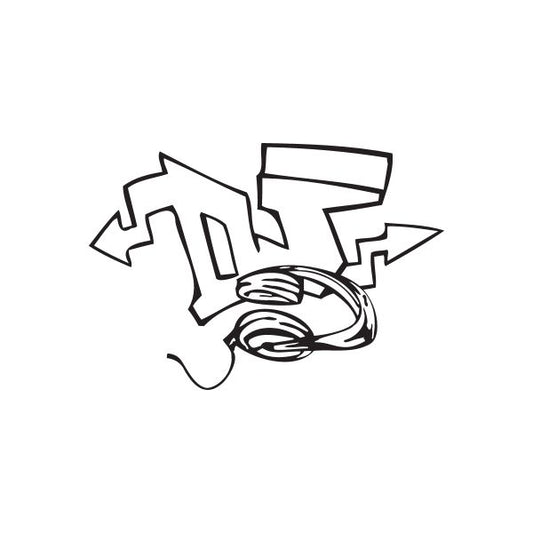 Graffiti DJ decal with stylized letters and vinyl record graphic, black outline
