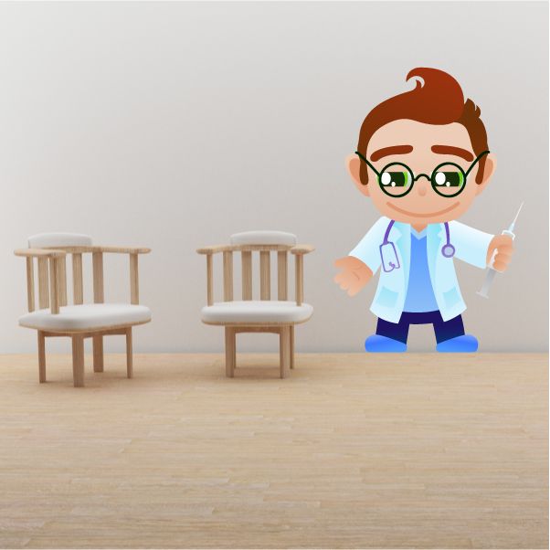 Cartoon doctor sticker in blue scrubs holding a syringe