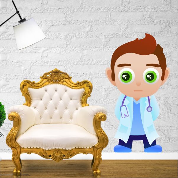 Cartoon doctor sticker with stethoscope, light-blue outfit and brown hair.