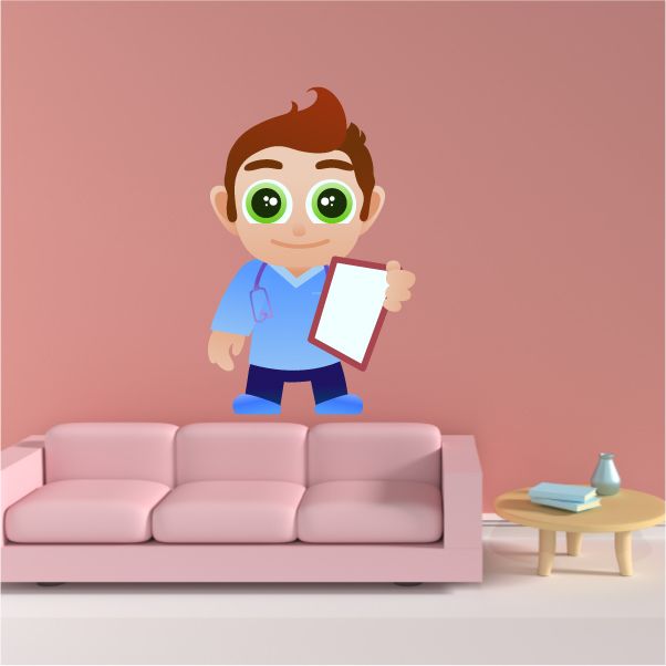 Doctor holding records sticker, cartoon character with glasses and clipboard, green eyes