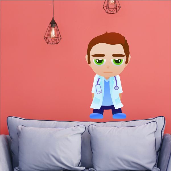 Doctor cartoon sticker featuring a seated doctor in white coat and green glasses