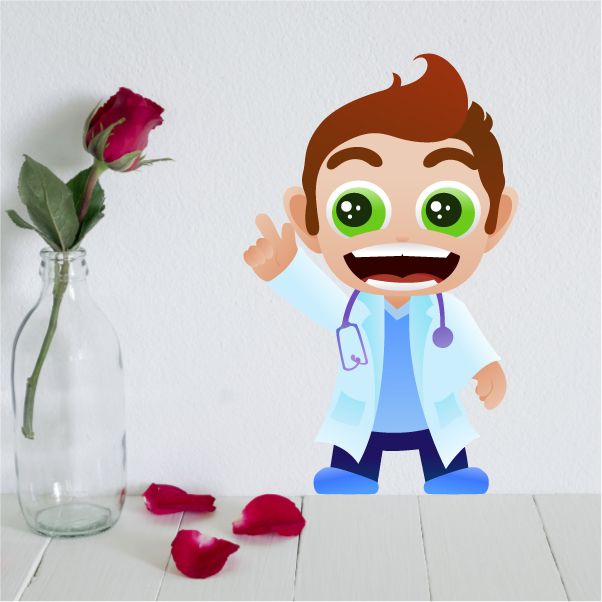 Cartoon doctor pointing sticker with stethoscope, white coat, and green glasses