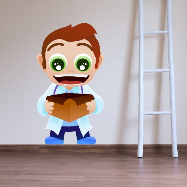 Doctor gift sticker showing a cartoon doctor holding a brown gift box