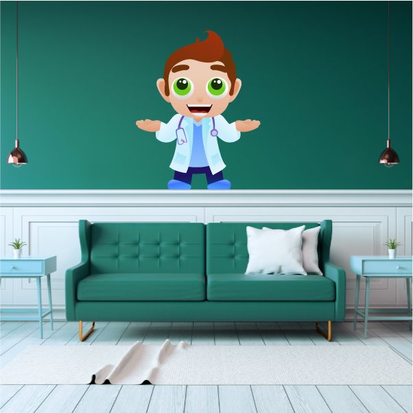 Cartoon doctor sticker in white coat with stethoscope, green pants, arms out