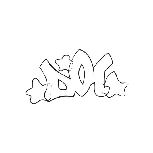 Black dog graffiti decal with stylized outline lettering