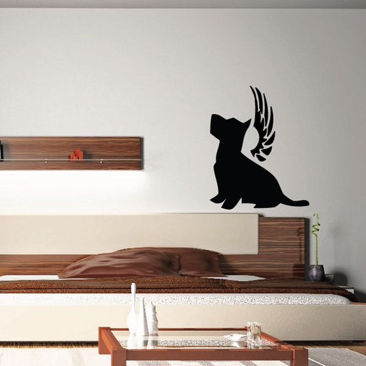 Black dog with wings wall decal vinyl sticker, sitting pose with spread feathers