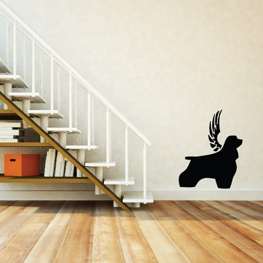 Dog with wings wall decal, black vinyl silhouette of a flying dog with tail