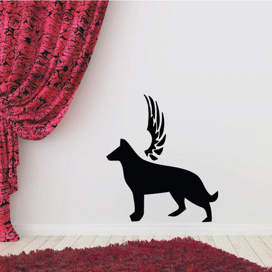Winged dog wall decal, black silhouette with raised feathers