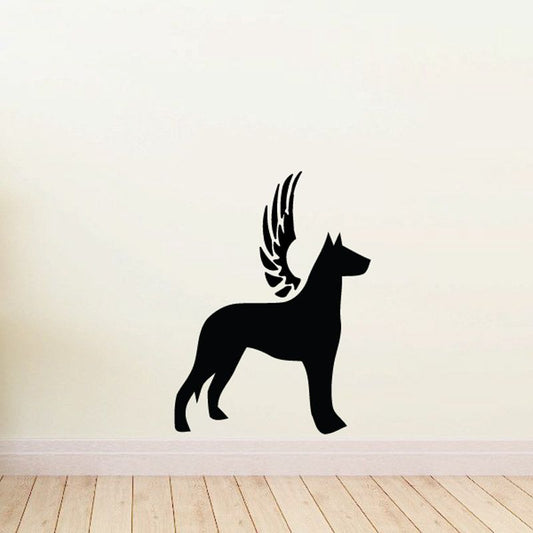 Dog with wings wall decal, black vinyl silhouette of flying dog with outstretched wings