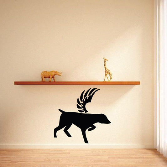 Vinyl wall decal of black dog with white wing details and flowing flame tail