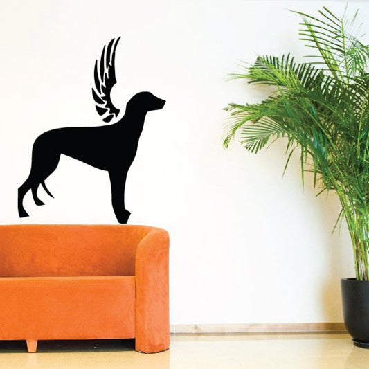 Dog with wings vinyl wall decal, black silhouette of a standing dog with feathered wings