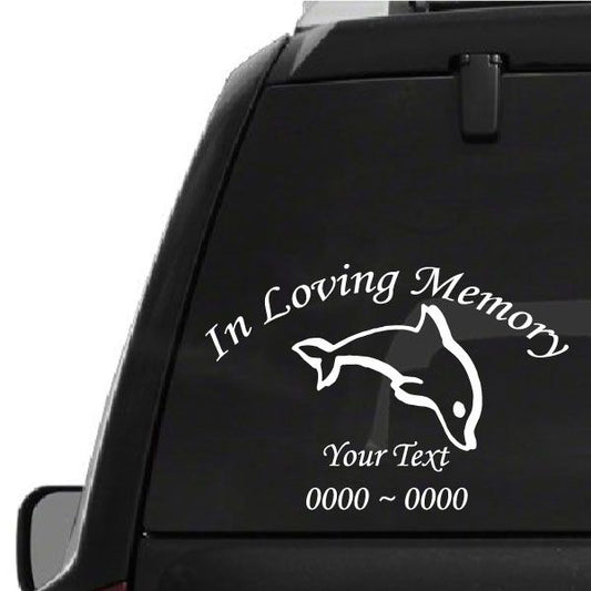Dolphin memorial car decal: 'In Loving Memory' and 'Your Text'