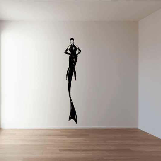 Black mermaid figure wall decal with long hair and flowing tail silhouette