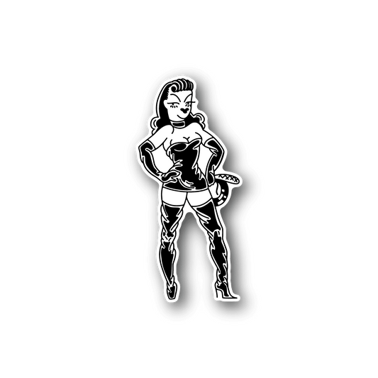 Vinyl sticker featuring a female dominatrix-style character