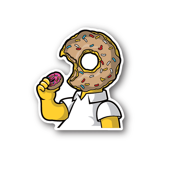 Donut-headed cartoon vinyl sticker, beige donut with sprinkles and icing, dark outline