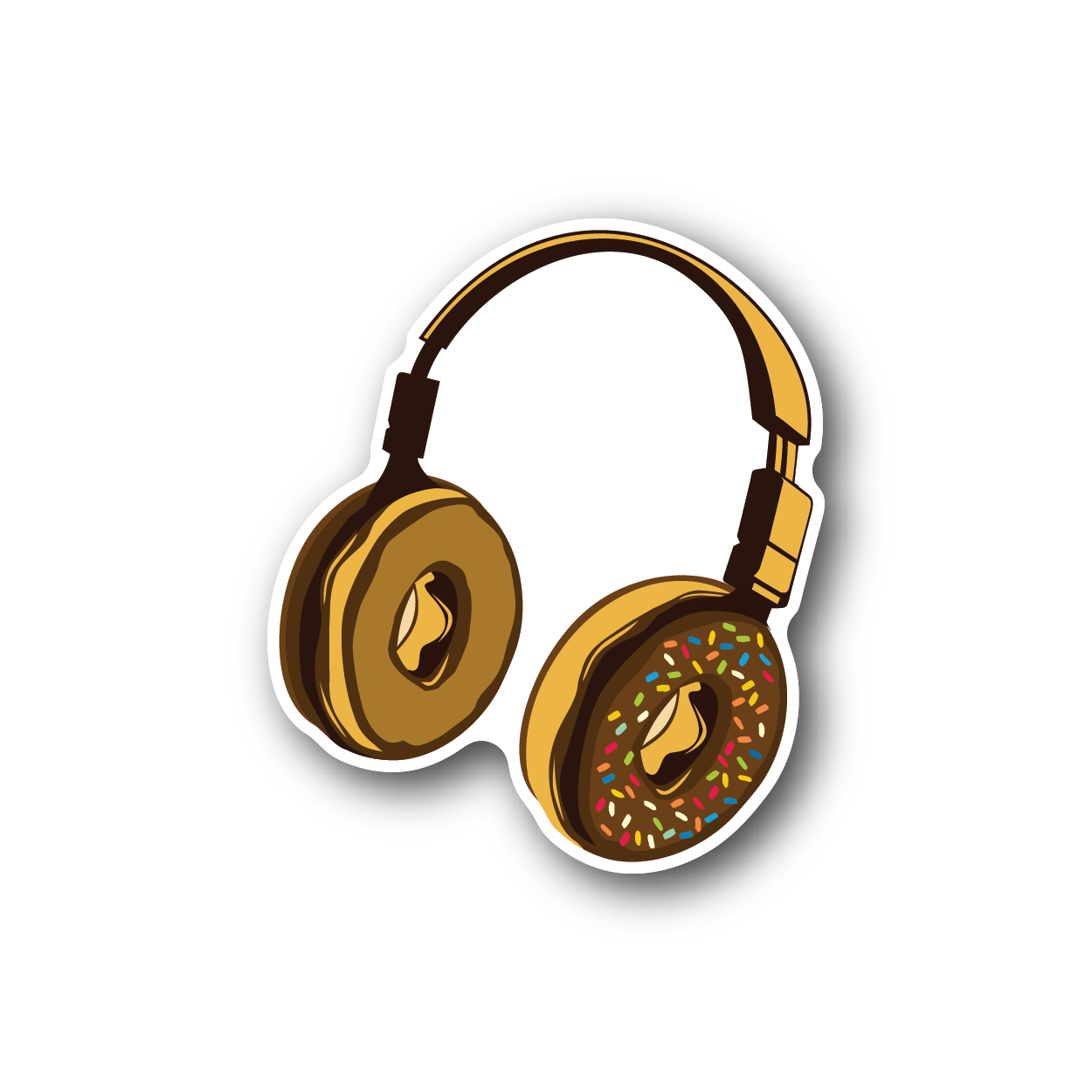 Vinyl sticker of headphones with donut slice graphic and colorful sprinkles