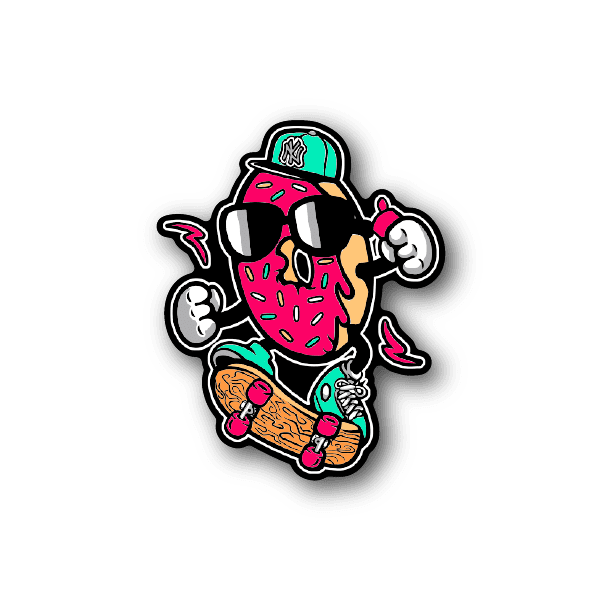 Skateboarder donut vinyl sticker, cartoon donut on skateboard with helmet