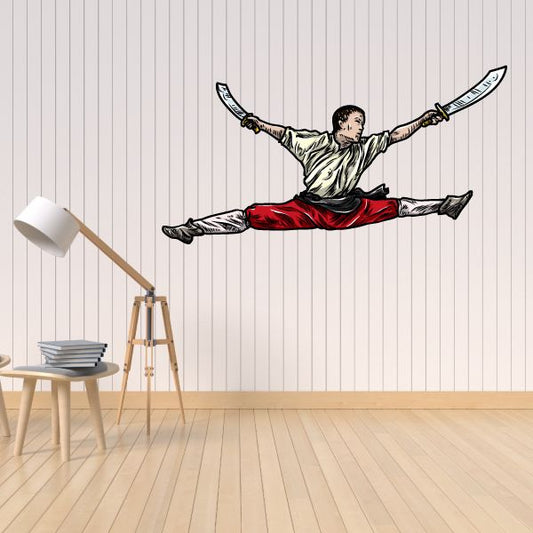 Martial arts high-kick sword sticker: man in gray top, red pants, twin blades extended