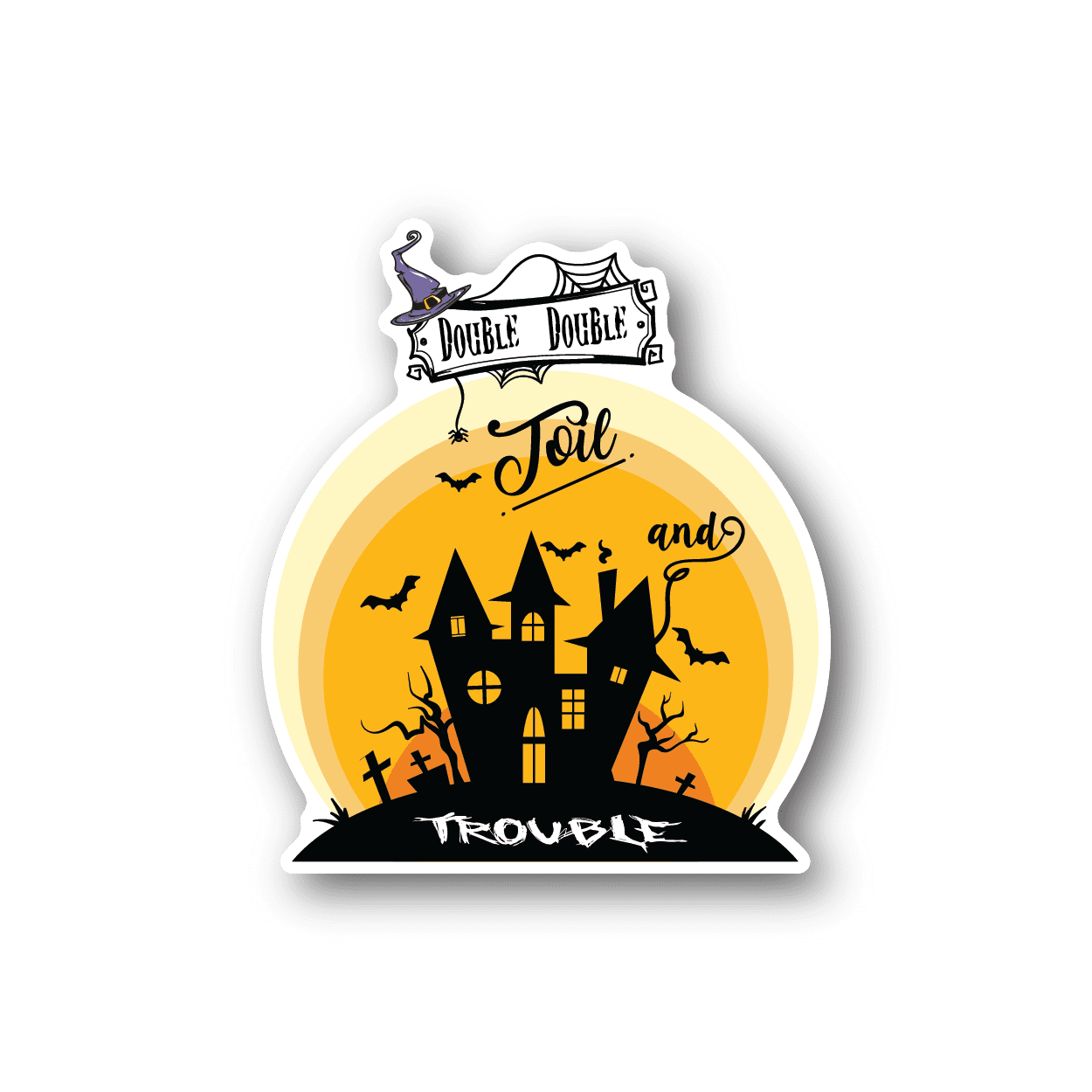Halloween vinyl sticker with orange haunted house, black witch, cats, bats, and text