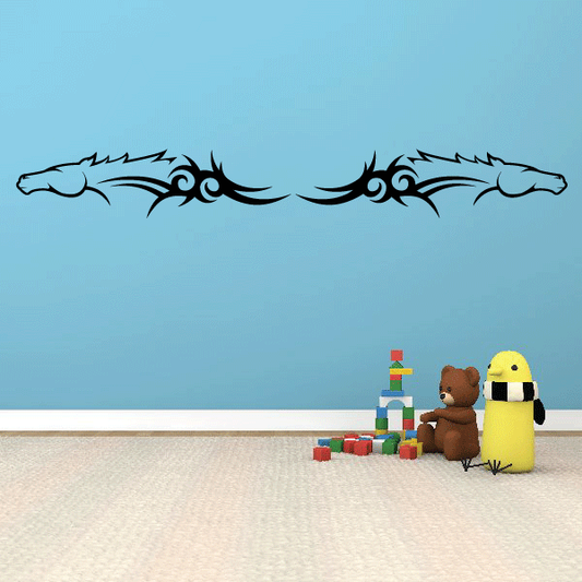 Double tribal horse head decal with two mirrored horse faces and swirling manes