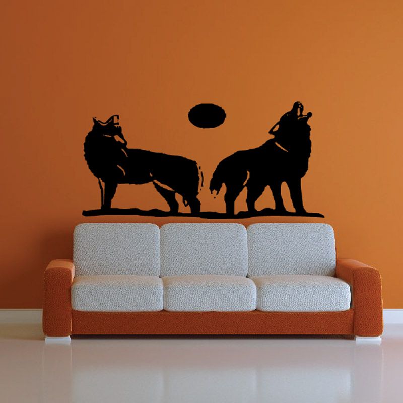 Black double wolf and moon wall decal with two standing wolves facing each other.