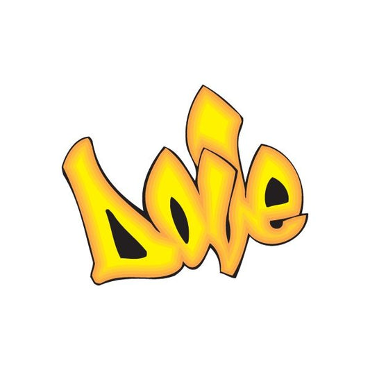 Graffiti style sticker with yellow and black outlined lettering