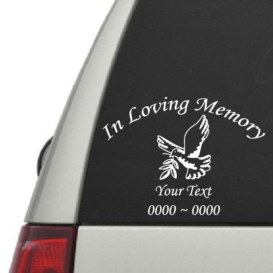 In Loving Memory dove and wreath decal with custom text lines on dark surface