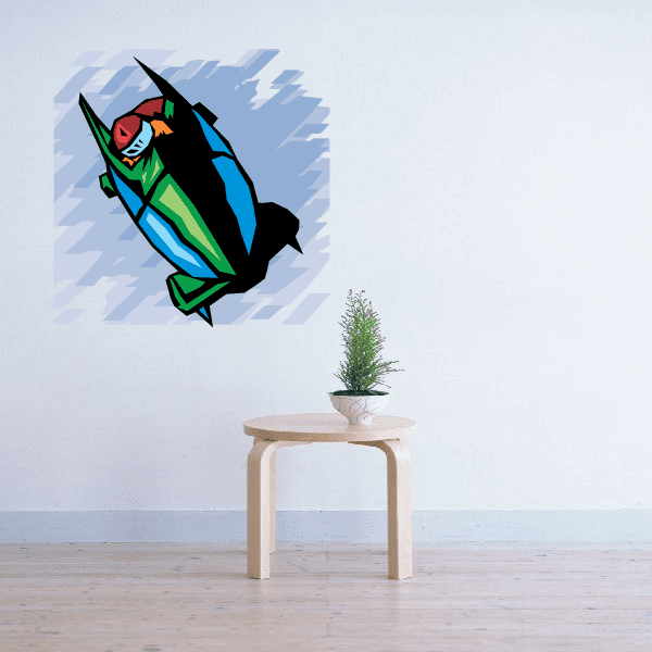 Colorful cartoon bobsled sticker with driver and speeding lines