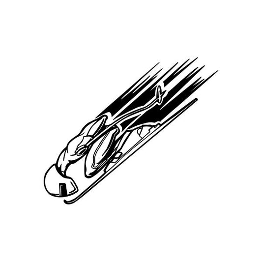 Downhill skiing decal with black outline skier icon and speed lines