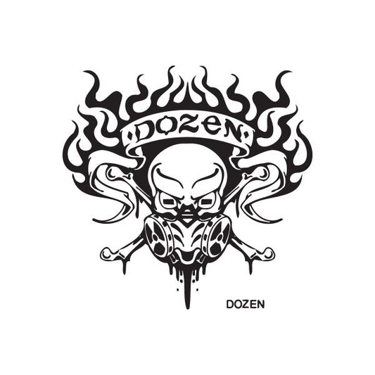 Graffiti decal with black skull, flame design, and dripping details; text DOZEN.