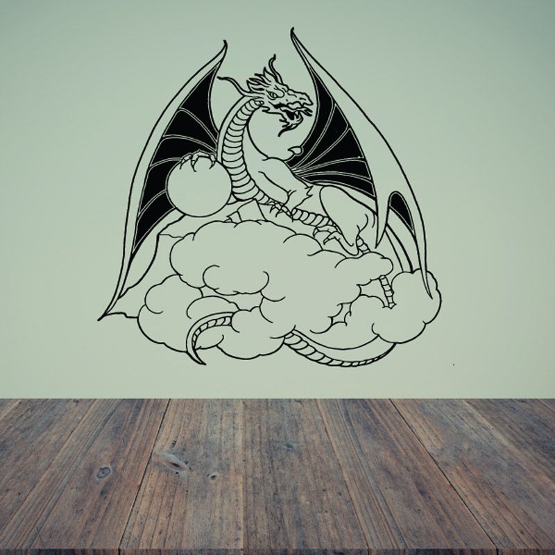 Dragon wall decal vinyl sticker with outlined winged dragon breathing cloud
