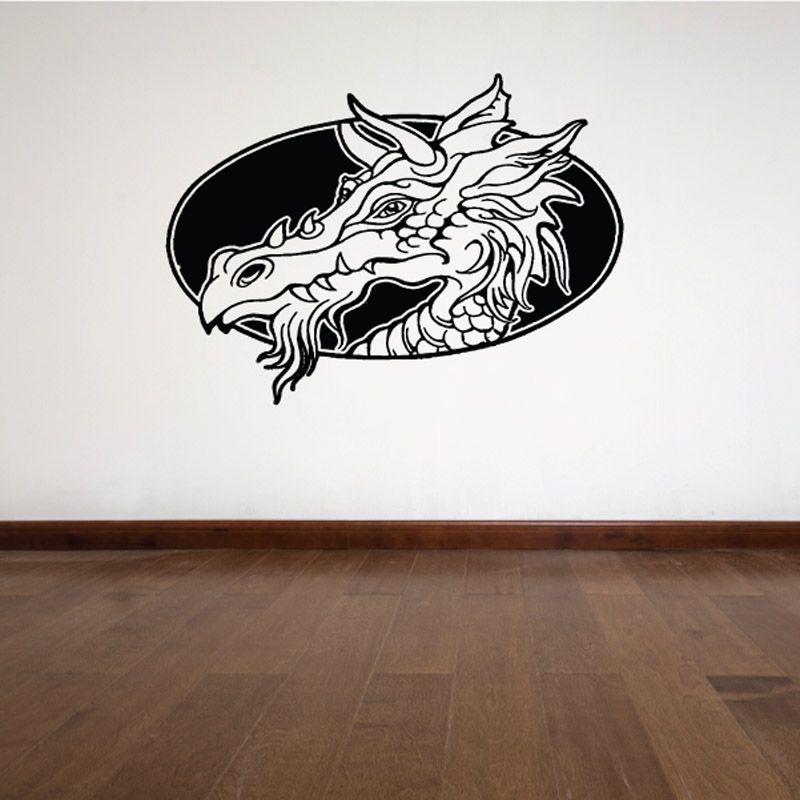 Dragon wall decal with black dragon head inside oval, vinyl sticker