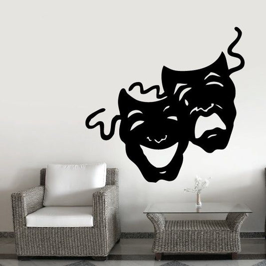 Drama masks vinyl wall decal, black smiling and crying theatrical masks