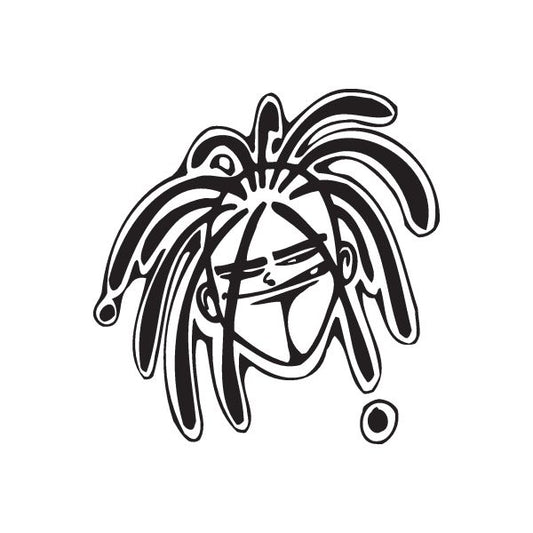 Graffiti dreadlocks decal with stylized face and coiled black-and-white hair