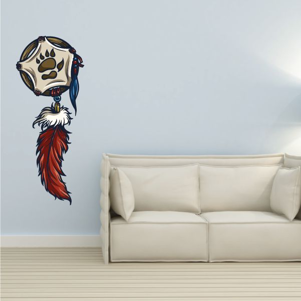 Dream catcher sticker with skull face and blue ribbon, red and white feather