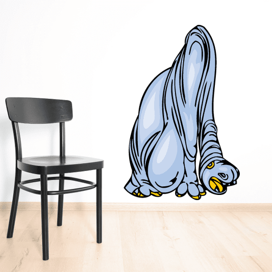 Cartoon blue diplodocus drinking sticker with yellow eyes and claws