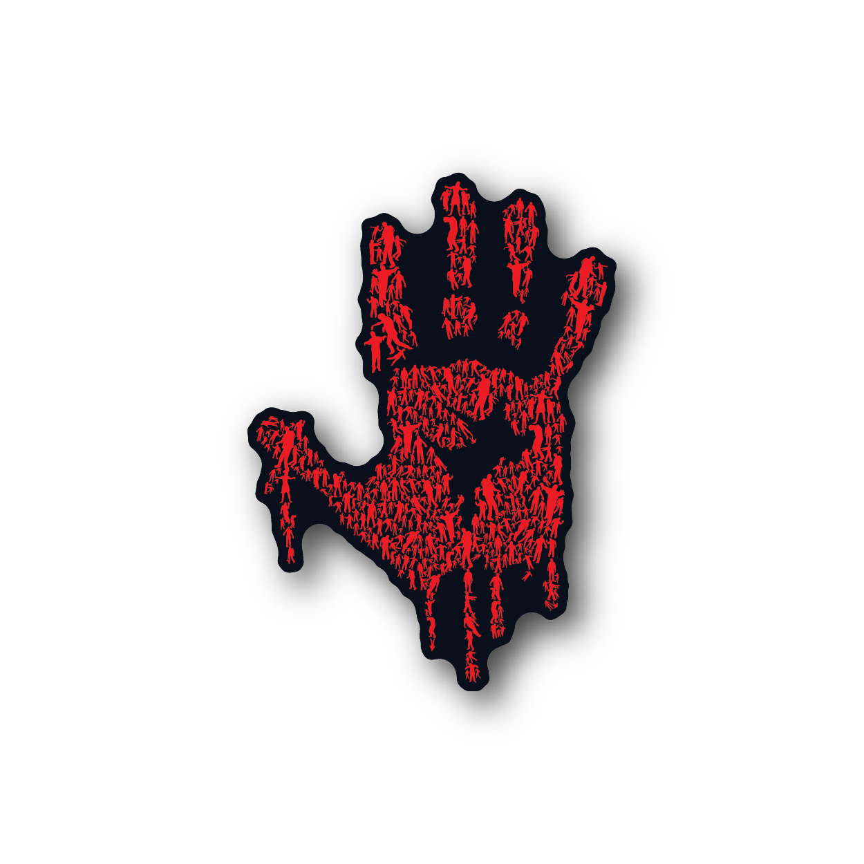 Zombie hand vinyl sticker with dripping red gore, collage-style print