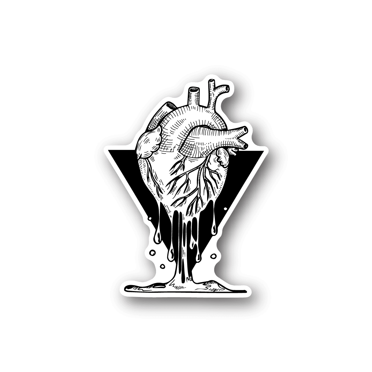 Vinyl heart sticker with anatomical heart and drips, white design with black outline